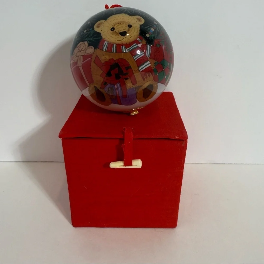 Christmas House Hand Painted Large Glass Ornament Teddy Bear Red Box